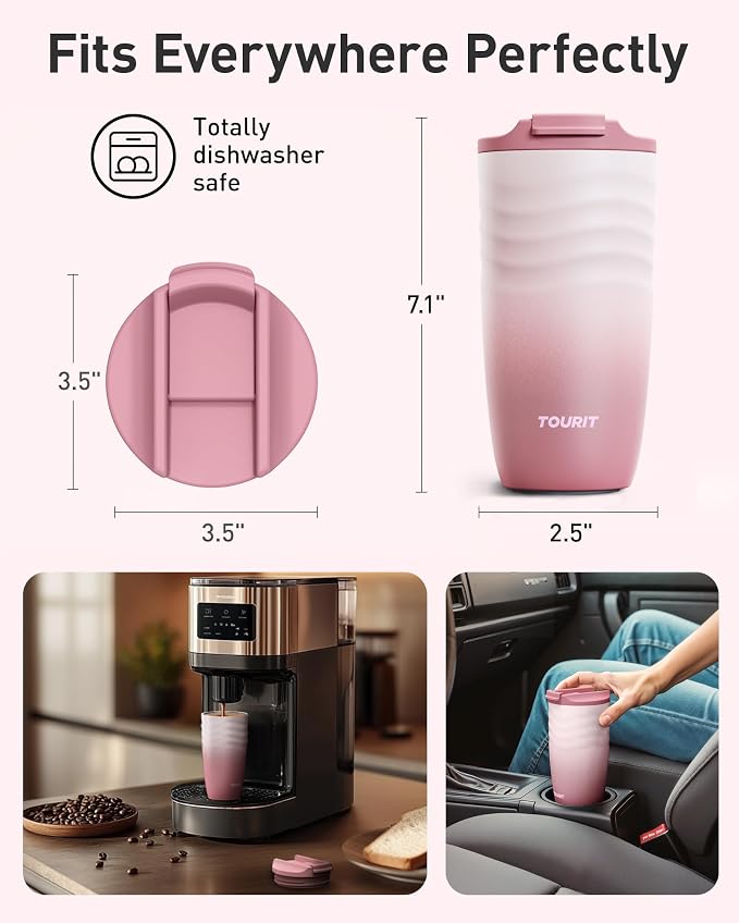 TOURIT 16 oz Travel Coffee Mug, Vacuum Insulated Stainless Steel Tumbler with Ripple-Wave Anti-Slip Grip, Built-in Silicone Bottom for Quiet & Stable, Leak-Proof Lid, Fits Car Cup Holder, Mist Purple - Image 6