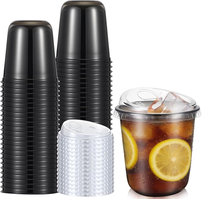Ziliny 50 Sets Clear Plastic Coffee Cups with Sip Lids, Disposable Plastic PET Crystal Cups for Iced Coffee, Smoothie, Cold Beverage, Drink Shops and Party Catering(Black,12 oz) by Ziliny
