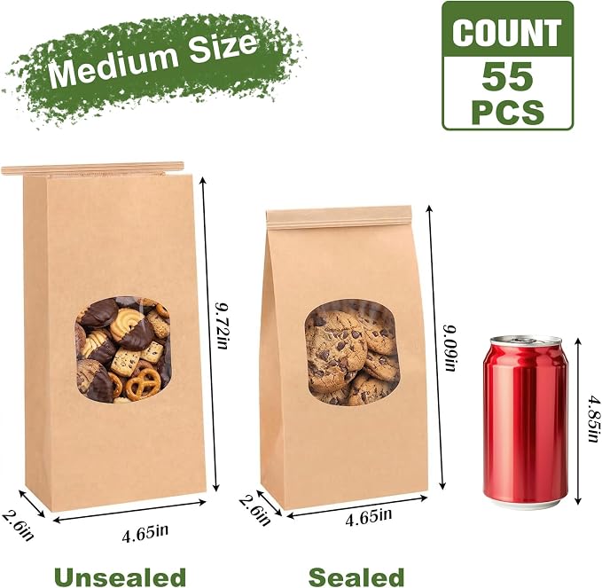 Moretoes 55pcs Medium Bakery Cookie Bags with Seal, 4.6x2.6x9.7In | Brown Kraft Paper Cookie Bags with Window, Seal by Tin Tie Tab, for Cookie Coffee Bread Bagel Bakery Gift Giving Packing - Image 2