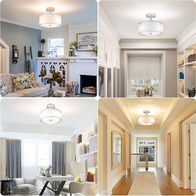 FOLKSMATE 3-Light Semi Flush Mount Ceiling Light Fixture, 16 Inch Drum Light with Double Fabric Shade, Modern Close to Ceiling Lamps for Dining Room Kitchen - Image 6