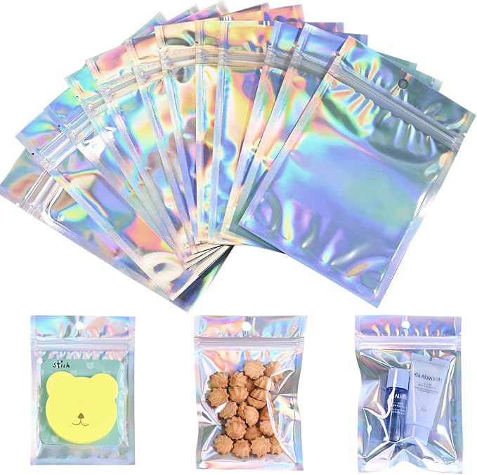 4"X6"120Pcs Resealable Holographic Aluminum Stand Bag for Small Business&Personal, Reusable Smell Proof Mylar Bags with Clear Window Ziploc Foil Pouch for Packaging,Jewelry,Nail Art,Makeup,Candy,Snack by NexLevVac