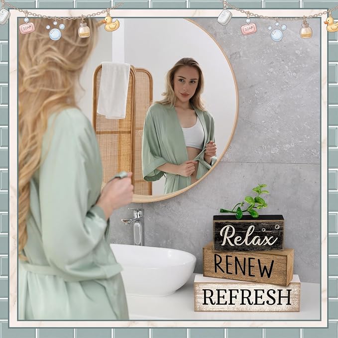 Moucuny 4 Pcs Bathroom Shelf Decor Sign Farmhouse Bathroom Decor and Accessories Rustic Eucalyptus Leaves Block Sign Gift Relax Renew Refresh Farmhouse Table Centerpiece for Home Office Toilet - Image 5
