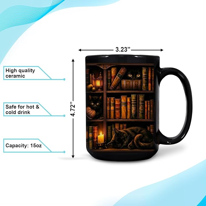 Hyturtle Black Cat Bookshelf Coffee Mug 15 Oz, Book Lover Gift for Women | Includes Matching Mini-Book Keychain; Cozy Literary Ceramic For Readers, Librarians And Bookworms On Birthdays Or Christmas - Image 4
