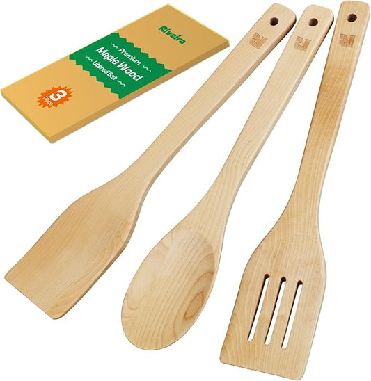 Riveira Maple Wooden Spoons for Cooking Set of 3 – Natural Maple Wooden Cooking Utensils, Wooden Spatula, Wooden Spoon - Premium Quality Utensil Set for Non-Toxic Cooking by Riveira