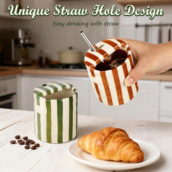 Retro Ceramic Coffee Mug with Sip Hole, Handmade Cute Espresso Cup 10oz | Hand Painted Striped Ceramic Iced Coffee Tea Travel Mug Latte Cup for Kitchen Dining Office, Holiday Gift for Her Him - Image 7
