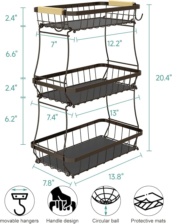 3-Tier Fruit Basket with Banana Hangers, Detachable Metal Bowl | Wooden handle, protective mats included. Versatile holder for bread, snacks, and veggies. Large 3 tier metal design. - Image 2