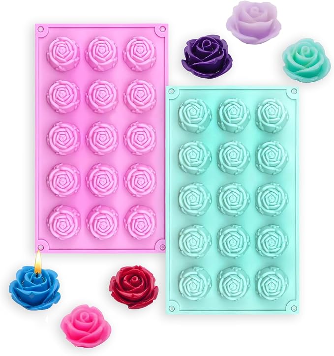MEMOVAN 15 Cavity Rose Silicone Fondant Mold 2pcs 3D Flower Cake Resin Mold Rose Candy Chocolate Mold Flower Ice Tray Molds for Sugarcraft Cupake Decoration Soap Candle Making Clay Lotion Bar Wax by MEMOVAN