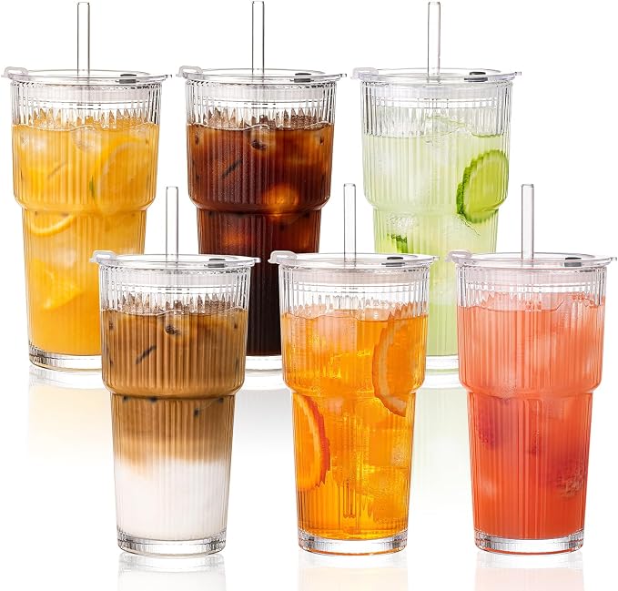 20oz Iced Coffee Cups with Lids, Ribbed Glass Cups with Lids and Straws | Thick Reusable Glass, Leak-Resistant Lids, Fits Most Car Cup Holders, For Iced Coffee, Tea, Smoothies and Cold Drinks by GOSCHE