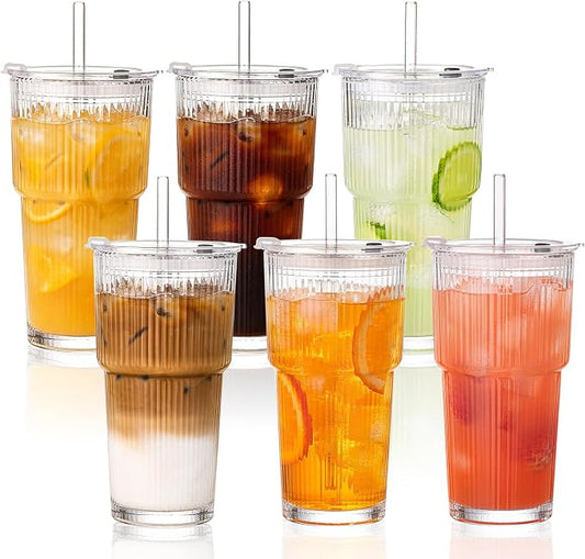 20oz Iced Coffee Cups with Lids, Ribbed Glass Cups with Lids and Straws | Thick Reusable Glass, Leak-Resistant Lids, Fits Most Car Cup Holders, For Iced Coffee, Tea, Smoothies and Cold Drinks by GOSCHE