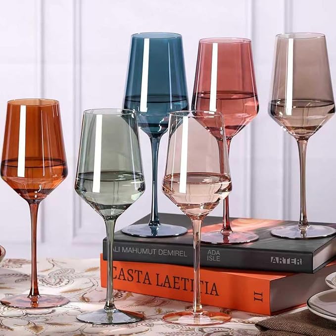 comfit Colored Wine Glasses Set of 6-15 oz Hand-blown Lead-free Crystal Colorful Wine Glasses- Birthday Wedding Housewarming Valentine's Day Gifts for Wine Lovers Women, Mom, Wife, Friend by COMFIT