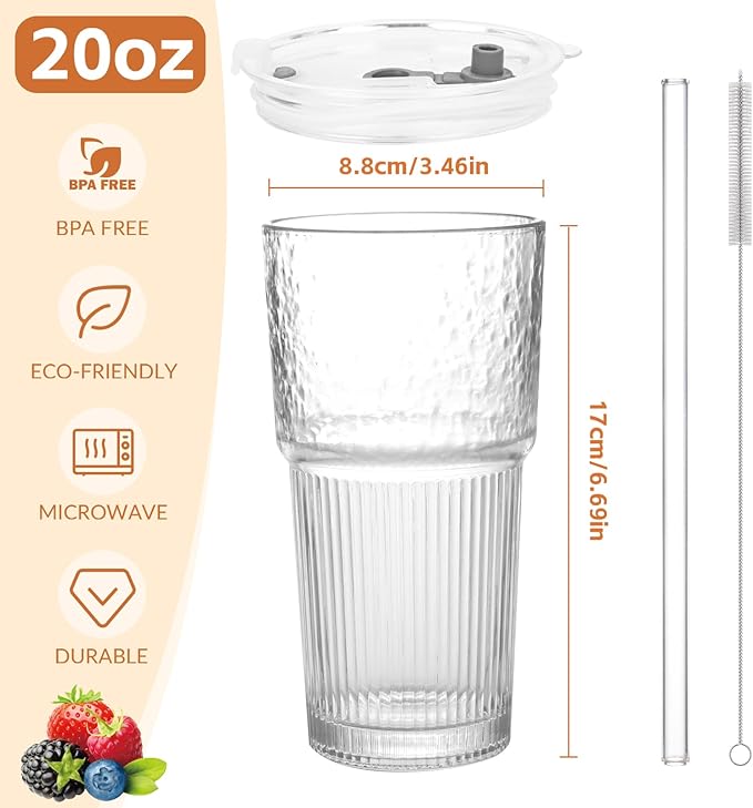 20oz Glass Tumblers with Lids and Straws,4PCS Glass Cups with Lids and Straws,Iced Coffee Cups with Lid,Drinking Glasses for Juice, Smoothies
