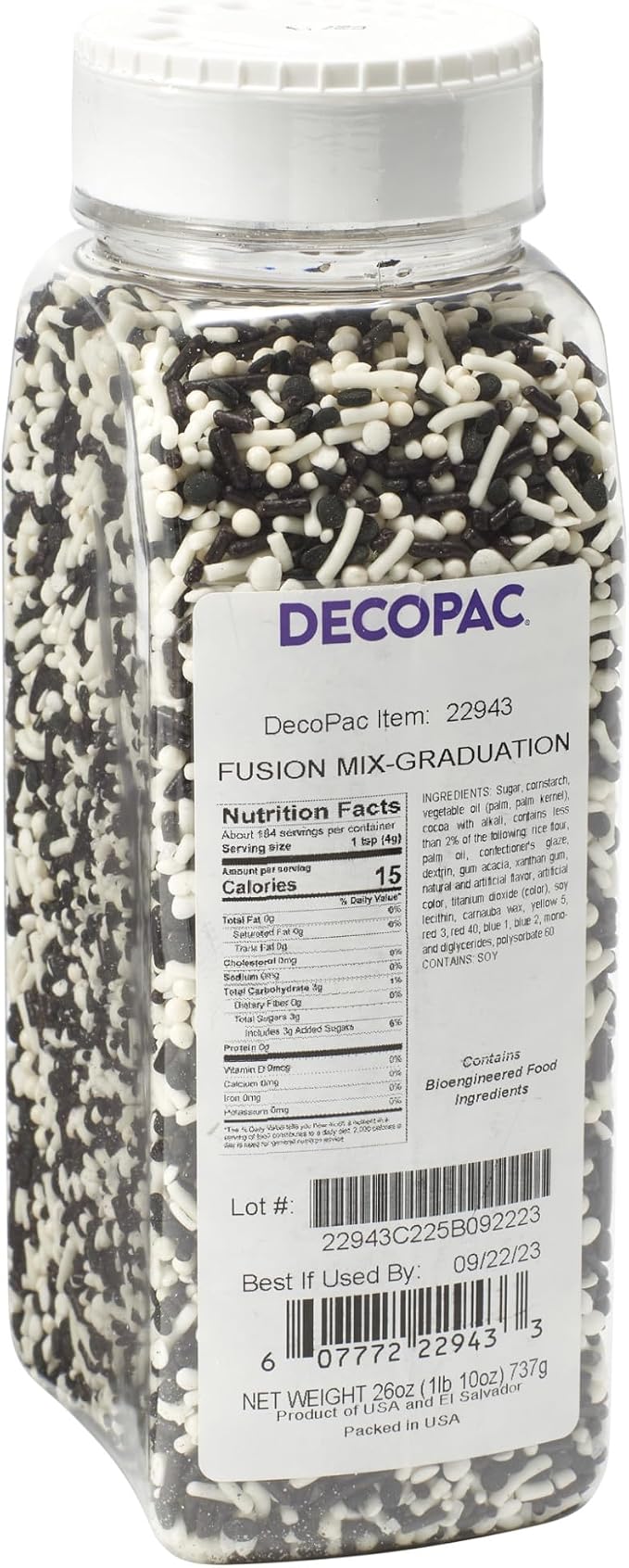 DecoPac Graduation Fusion Mix Candy Sprinkles, 26oz, Fancy Sprinkles in Handheld Container, Edible Black And White Sprinkles For Celebration Cakes, Cupcakes, Cookies and Donuts by Decopac