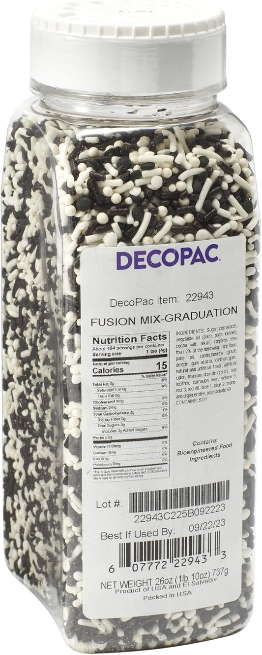 DecoPac Graduation Fusion Mix Candy Sprinkles, 26oz, Fancy Sprinkles in Handheld Container, Edible Black And White Sprinkles For Celebration Cakes, Cupcakes, Cookies and Donuts by Decopac