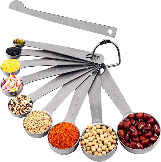 Measuring Spoons Set 9, 18/8 Metric & US Stainless Steel Measuring Spoons 1/8, 1/4, 1/2, 3/4, 1 tsp, 1/2, 2/3, 1 Tbsp, 4 Tsp. 1 Measurer Ingredient Leveler and 1 Locking Ring