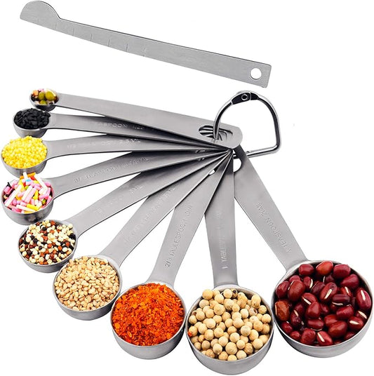 Measuring Spoons Set 9, 18/8 Metric & US Stainless Steel Measuring Spoons 1/8, 1/4, 1/2, 3/4, 1 tsp, 1/2, 2/3, 1 Tbsp, 4 Tsp. 1 Measurer Ingredient Leveler and 1 Locking Ring