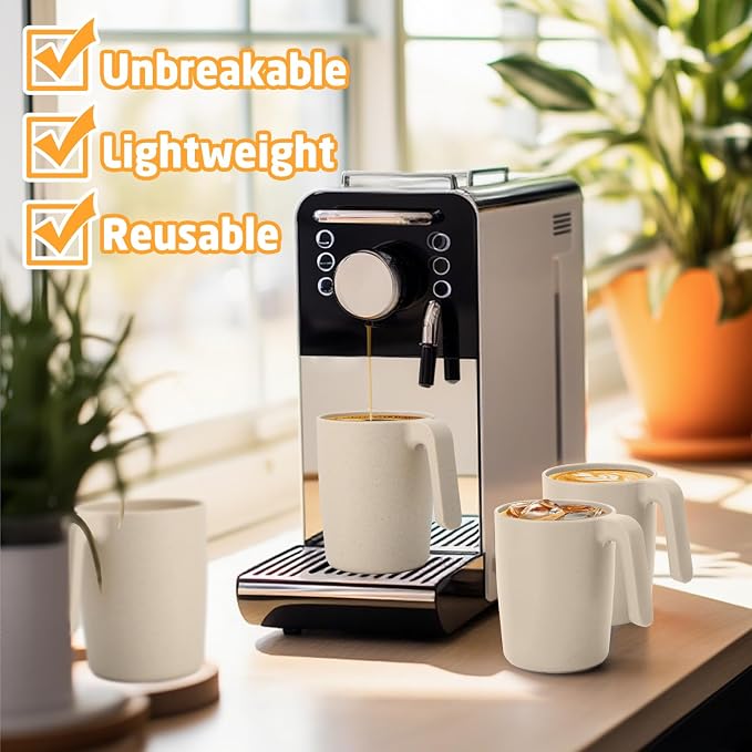 Coffee Mugs Set of 6, Wheat Straw Cups 16 oz, Resuable Plastic Coffee Cups With Handle, Unbreakable & Stackable Kitchen Cup, Microwave safe Drinking Glasses for Tea, Juice and Water - Beige - Image 3