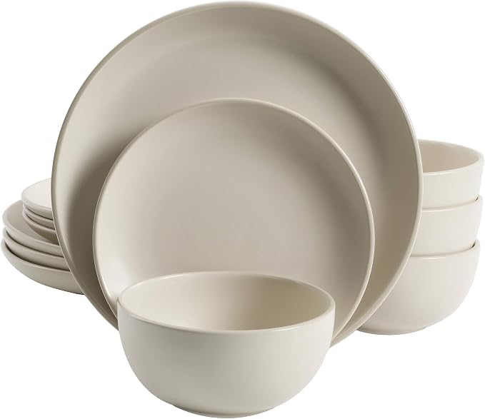 Gibson Home Rockaway 12-Piece Round Stoneware Dinnerware Set, Service for 4 – Cream Plates and Bowls, Modern Matte Finish, Microwave & Dishwasher Safe by GibsonHomewares
