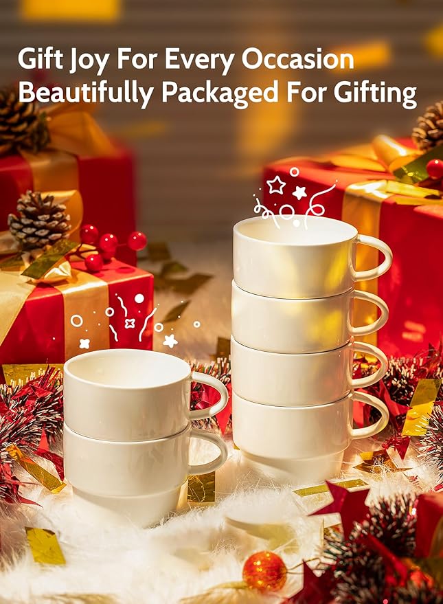 Sweese Porcelain Espresso Cups Set of 6, White | 6 oz size, stackable cups, for espresso and Coffee Drinks, Latte, Tea, cappuccino, set of 6, Dishwasher Safe - Image 6