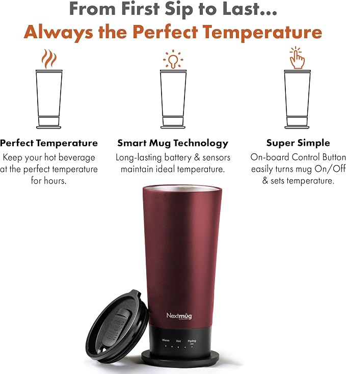 Nextmug Go - Temperature-Controlled, Self-Heating Travel Mug | (Burgundy - 16 oz.) – No App, Long-Lasting Battery for Work & Study, Great Gift for Coffee Lovers - Image 2