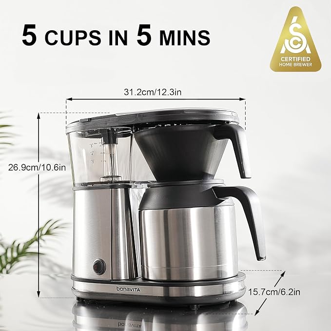 Bonavita 5 Cup Drip Coffee Maker Machine, One-Touch Pour Over, Auto Pause Brewing with Stainless Steel Double Wall Thermal Carafe, SCA Certified, Dishwasher Safe, BV1500TS - Image 2