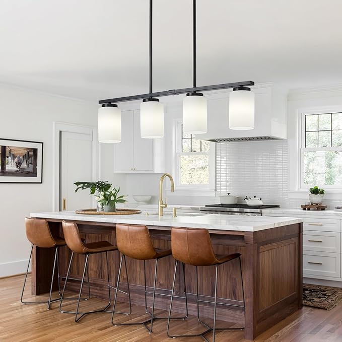 4-Light Kitchen Island Lighting Linear Chandelier Dining Room Light Fixture | 30'' Modern Island Lights for Kitchen, Farmhouse Black Chandeliers Over Table White Frosted Glass Shade, Adjustable Height - Image 2