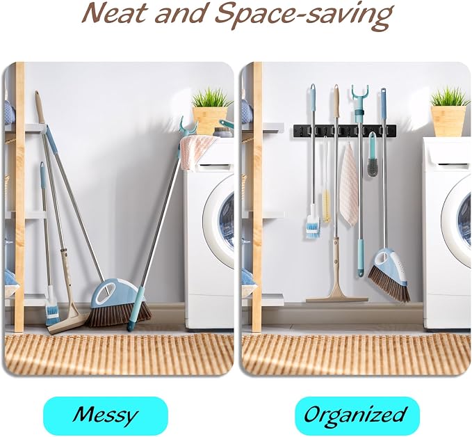 OUTNILI 2 Pack Black Mop Broom Holder Wall Mount - Wood Broom Mop Hanger - Wall Mounted Garden Tool Rack Organizer for Closet Garage Laundry Room, 4 Slots & 4 Hooks - Image 5
