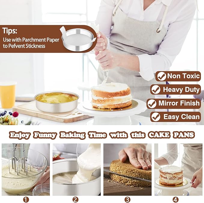 P&P CHEF Cake Pan Set for Baking, 4" + 4" + 6" + 6" Round Cake Pans Tins | 4 Pieces & 2 Sizes, Premium Stainless Steel, Ideal for Layer Tier Cakes in Birthday Wedding, Oven & Pot & Dishwasher Safe - Image 4