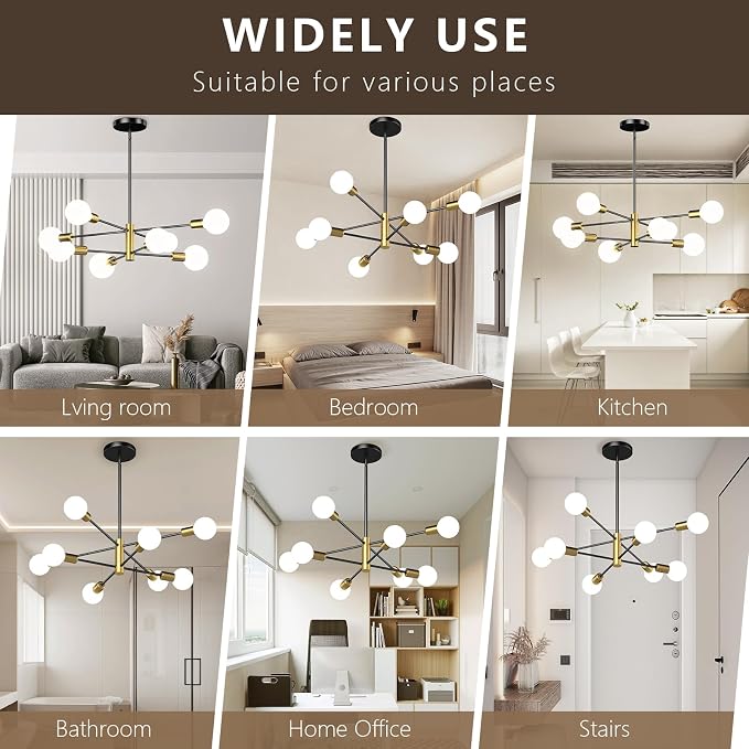 Modern Sputnik Chandelier, Ceiling Light Fixture Flush Mount 8-Light Black and Gold Chandeliers for Living Room Bedroom Dining Room Kitchen, Mid Century Chandeliers, E26 Base,(Bulbs Not Included) - Image 5
