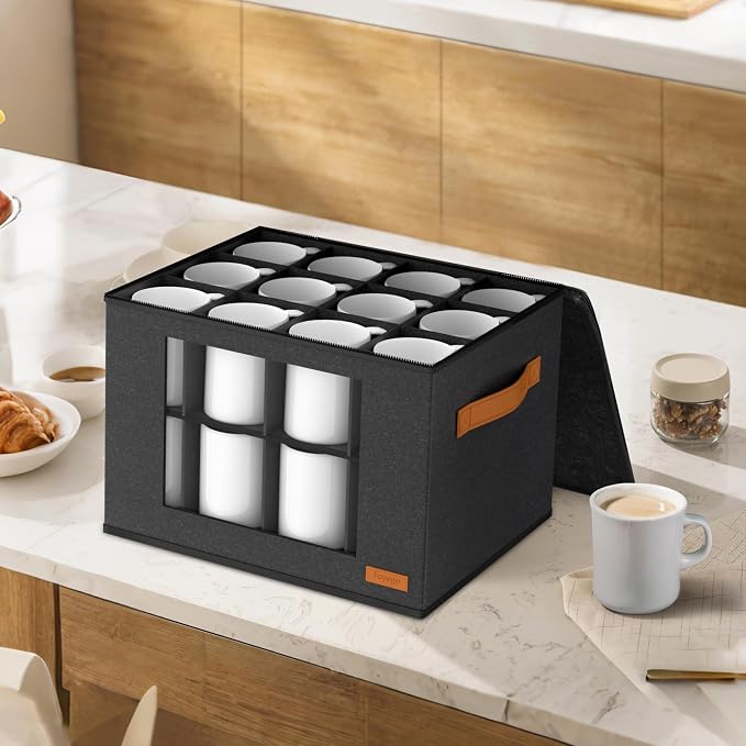 Foyego Cup and Mug Storage Box with 24 Dividers, Dark Gray, 2-Layer | with Lid, Visible Window, Soft Handles, for Packing and Moving, Stackable Storage Containers for Coffee Mug Cups and Glasses - Image 7