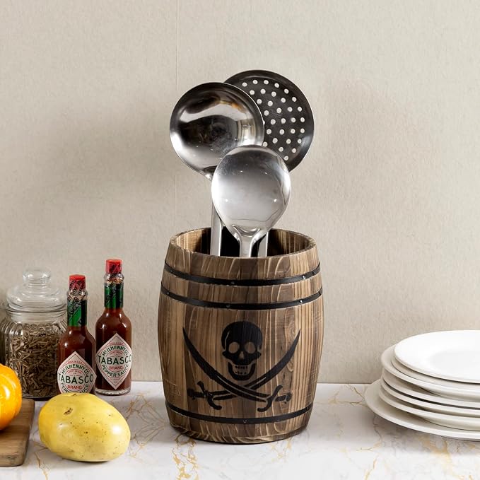 MyGift Pirate Rum Cask Utensil Crock, Rustic Burnt Wood Kitchen Holder | Bring pirate-inspired charm to the kitchen with a rustic burnt wood rum cask utensil crock featuring a skull and cutlass - Image 2