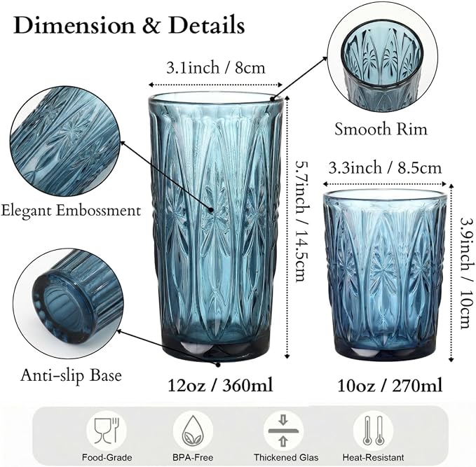 Blue Drinking Glasses Set of 12, 12 Oz Highball & 10 Oz Cocktail Glasses, Blue Kitchen Vintage Glassware Set, Floral Embossed Glass Tumbler Cups for Beer, Juice, Whiskey, Coffee(Snow) - Image 2