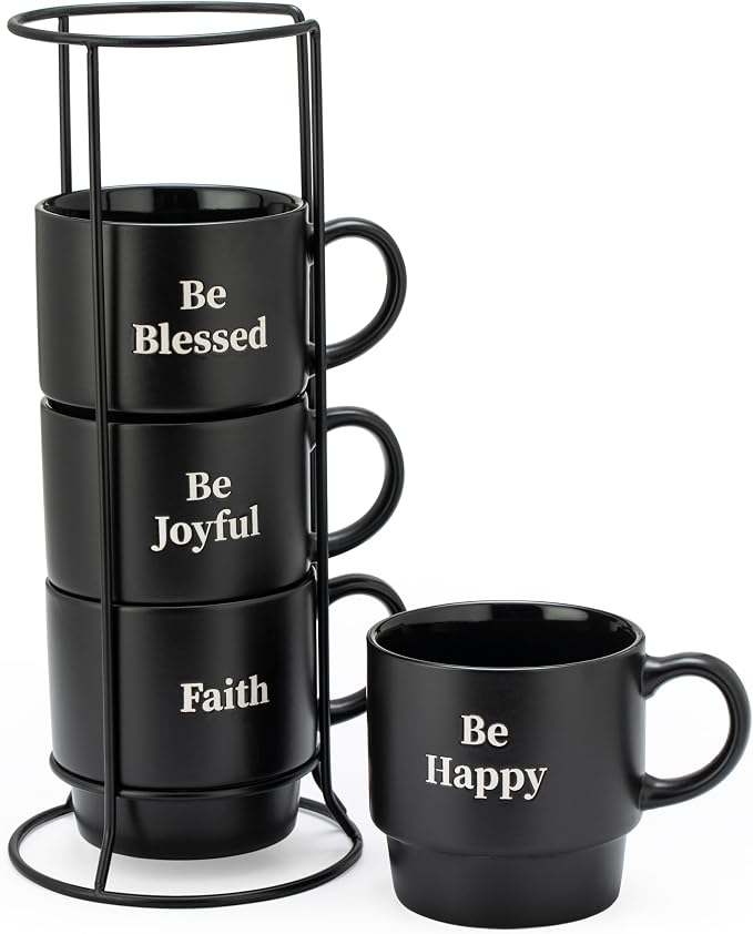 Signature Housewares Stackable Coffee Mug Tower Set with Metal Wire Rack - 15 Ounce Coffee Mugs for Coffee, Tea, Cocoa, Milk, Cappuccino, Hot Chocolate Set of 4 - Be Happy Matte Black by SignatureHousewares