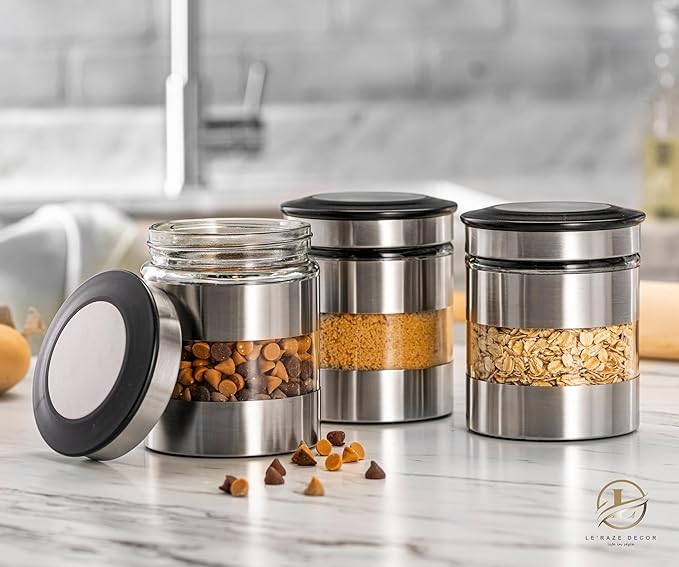 Le'raze Quality Stainless Steel Canister Set of 3 for Kitchen Counter with Glass Window & Airtight Lid - Food Storage Containers with Lids Airtight - Pantry Storage and Organization Set - Image 7