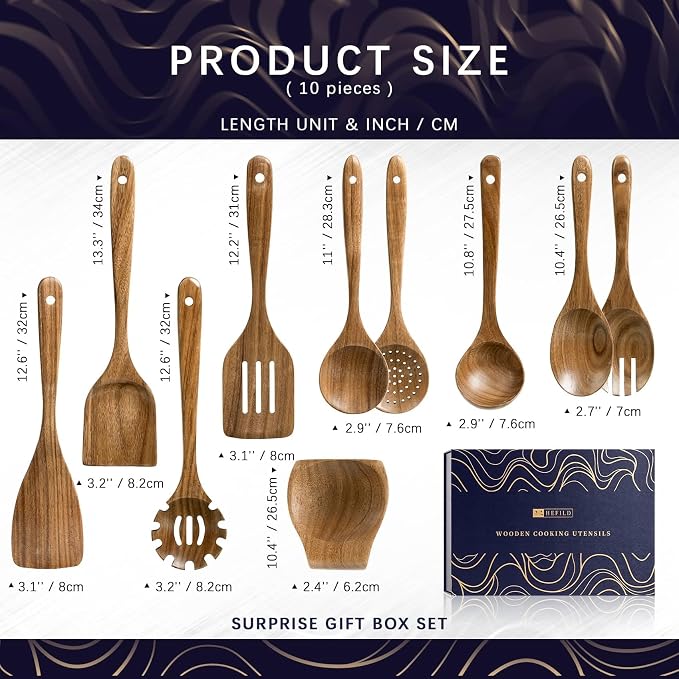 Wooden Spoons for Cooking, 10-Piece Acacia Wood Utensil Gift Set | Spoons and spatulas stir, mix, flip and serve; gift-ready box makes it ideal for housewarmings, weddings and new kitchens. - Image 2