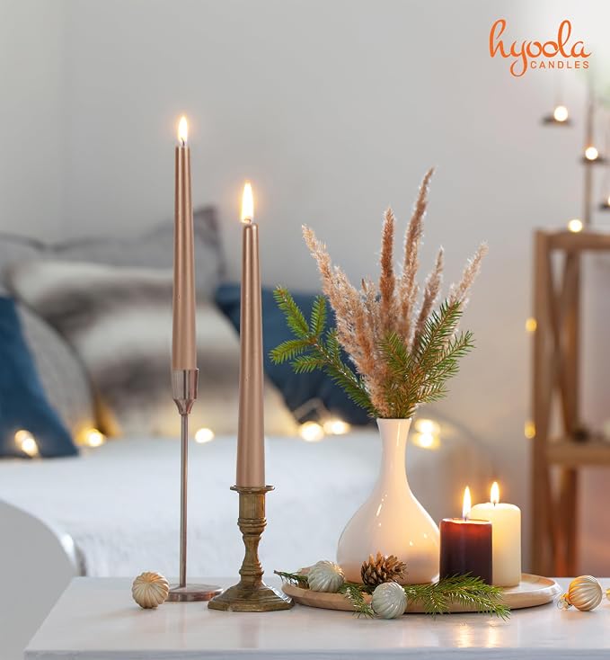 Hyoola 12 Pack Tall Metallic Taper Candles - 10 Inch Copper Metallic, Dripless, Unscented Dinner Candle - Paraffin Wax with Cotton Wicks - Image 6