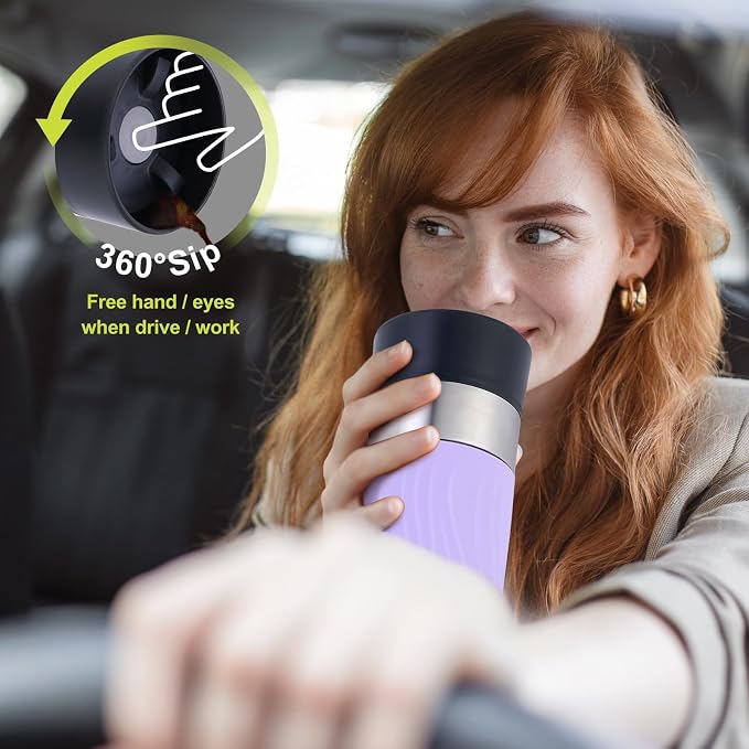 Travel Coffee Mug with 360°Lid, Travel Coffee Tumbler 16 oz Leak Proof, Stainless Steel Insulated Travel Mugs for Hot and Cold Spill Proof Leak Proof(Light Purple) - Image 2