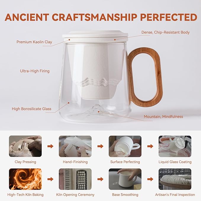 Tea Cup with Infuser and Lid 15oz - Mountain Design Tea Infuser Mug, Loose Leaf Tea Gift Set with Wood Handle, Anniversary Birthday Gift for Nature Lovers