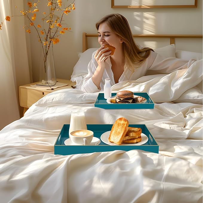 MAONAME Green Serving Tray with Handles, Plastic Decorative Tray Set of 2 | Decorative Tray for Coffee Table, Modern Ottoman Tray, Rectangle Melamine Tray for Living Room, 15.8"L x 10.2"W x 1.4"H - Image 6