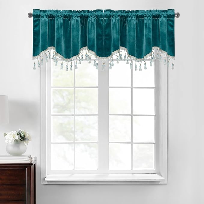 Teal Tassel Velvet Valances Curtains 52x18 Inch 2 Panels | Super Soft Thick Fabric, Privacy Light Dimming Window Drapes for Living Room, Bedroom, Kitchen, Bathroom, Rod Pocket by StangH