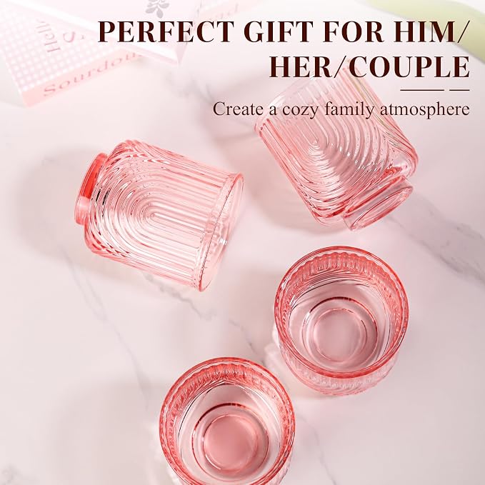 Pink Vintage Drinking Glasses Set of 6-15oz Hand-Blown Highball Ribbed Glassware, Arch Design Cocktail Glasses for Whiskey Water Beverages Ice Coffee Juice Milk - Image 6