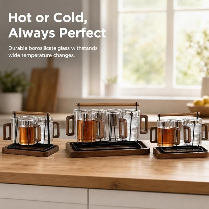 Borosilicate Glassware Set - Heat Resistant Drinking Glasses Set for Hot and Cold - for Home Use, Smoky gray wooden handle cups (460ML)*6 + cup holder - Image 4