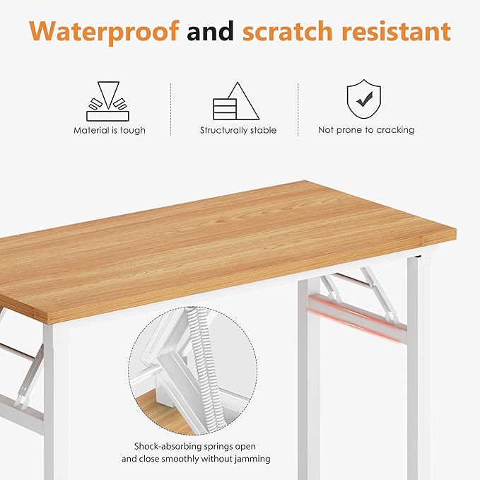 DlandHome 59.8 Inch Large Folding Computer Desk, Fully Assembled Teak White | Foldable Writing Table, Portable Activity Conference Table for Home Office, Wood Top Metal Frame, Collapsible Easy Storage - Image 6