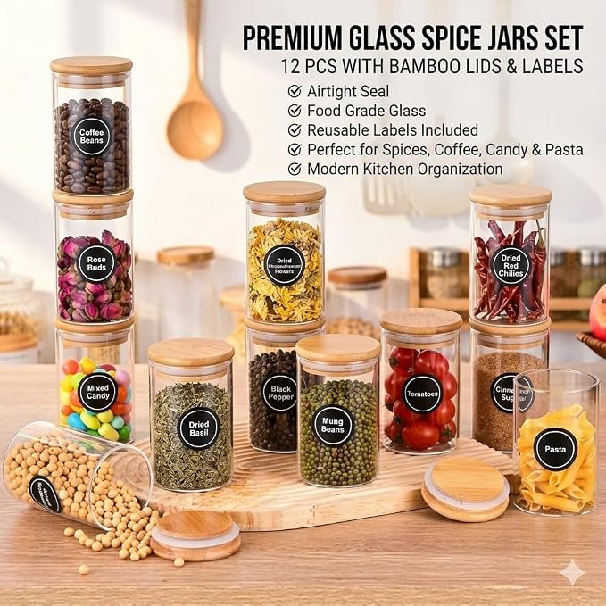 Glass Spice Jars 12 Pack with Bamboo Lids and Labels, Glass Jars, 8.5 oz Airtight Glass Jars for Spices, Herbs, Salt, Pepper, Coffee & Tea, Clear Kitchen Pantry Storage - Image 2