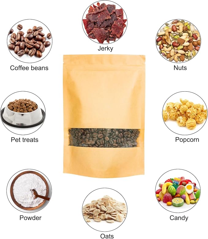 100 Pcs Kraft-Paper-Bags with Window, Small 3.9 * 5.9 inch Stand Up Zipper Pastry Bags, Zip Lock Food Storage Bag for Packaging Products, Reusable, Sealable - Image 4