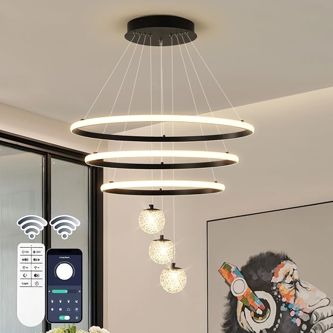 ORANOOR LED Modern 3 Ring Chandelier, 24inch Dimmable Kitchen Pendant Light | Black Dining Room Light Fixtures Ceiling Hanging Over Table, Globe Round Chandeliers for Dining Room Living Room Bedroom - Image 7