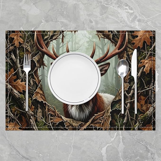 Feelyou Elk Deer Placemats Set of 4 Camo Table Mats Jungle Leaves Plants Place Mat for Kitchen Dining Table Party Decor Indoor Outdoor 18"x12" Non-Slip Easy to Clean Wildlife - Image 2