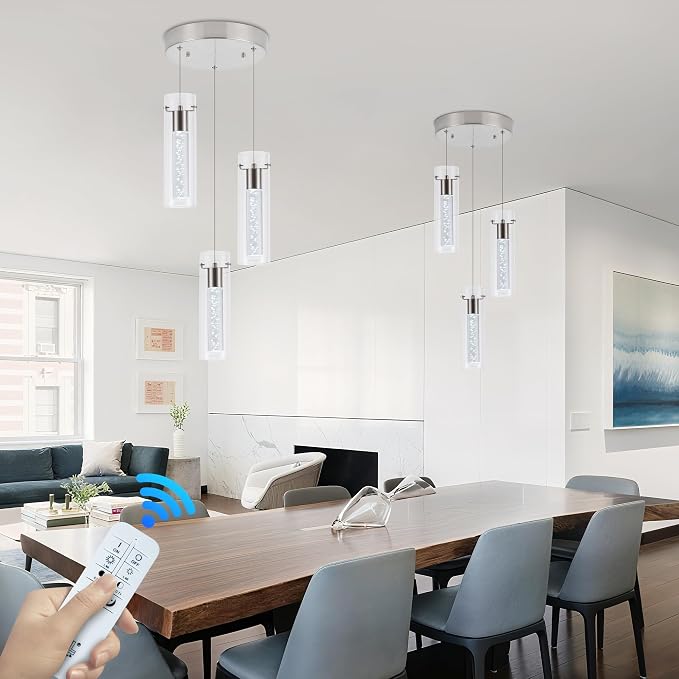 Pendant Light Kitchen Island with Remote Control, Dimmable & Adjustable Color Temperature 3000K/4000K/6000K, Modern Brushed Nickel & Clear Glass Lighting Fixture for Dining Room - Image 6