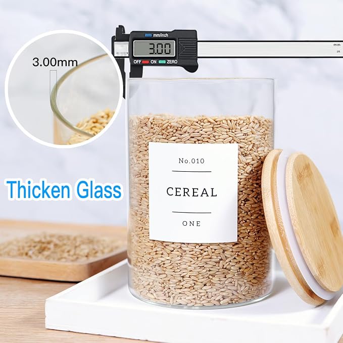3 Pcs Glass Canisters with Airtight Bamboo Lids and 42 Kitchen Pantry Labels Preprinted - Clear Glass Flour and Sugar Storage Container Set - Large Glass Jars with Wood Lids(100 OZ/54 OZ/27 OZ) - Image 5
