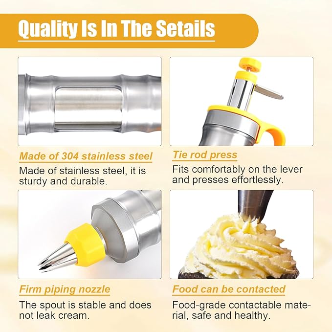 Dessert Decorating Syringe Set, Yellow Icing Decoration Set Stainless Steel Cupcake Injector/Decorating Icing Set with 6 Nozzle, 3 Scrapers, 2 Brushes for Baking Biscuit Cake Decoration (Yellow)