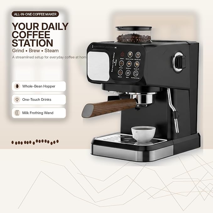 High-Pressure Espresso Maker All-In-One Coffee Machine | Features a built-in grinder and steam frother for concentrated, creamy milk foam.(White) - Image 2